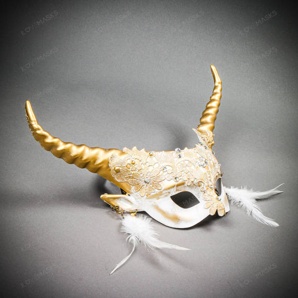 Krampus Gold Horn Lace  Animal Devil Women Mask - White - Picture 7 of 10